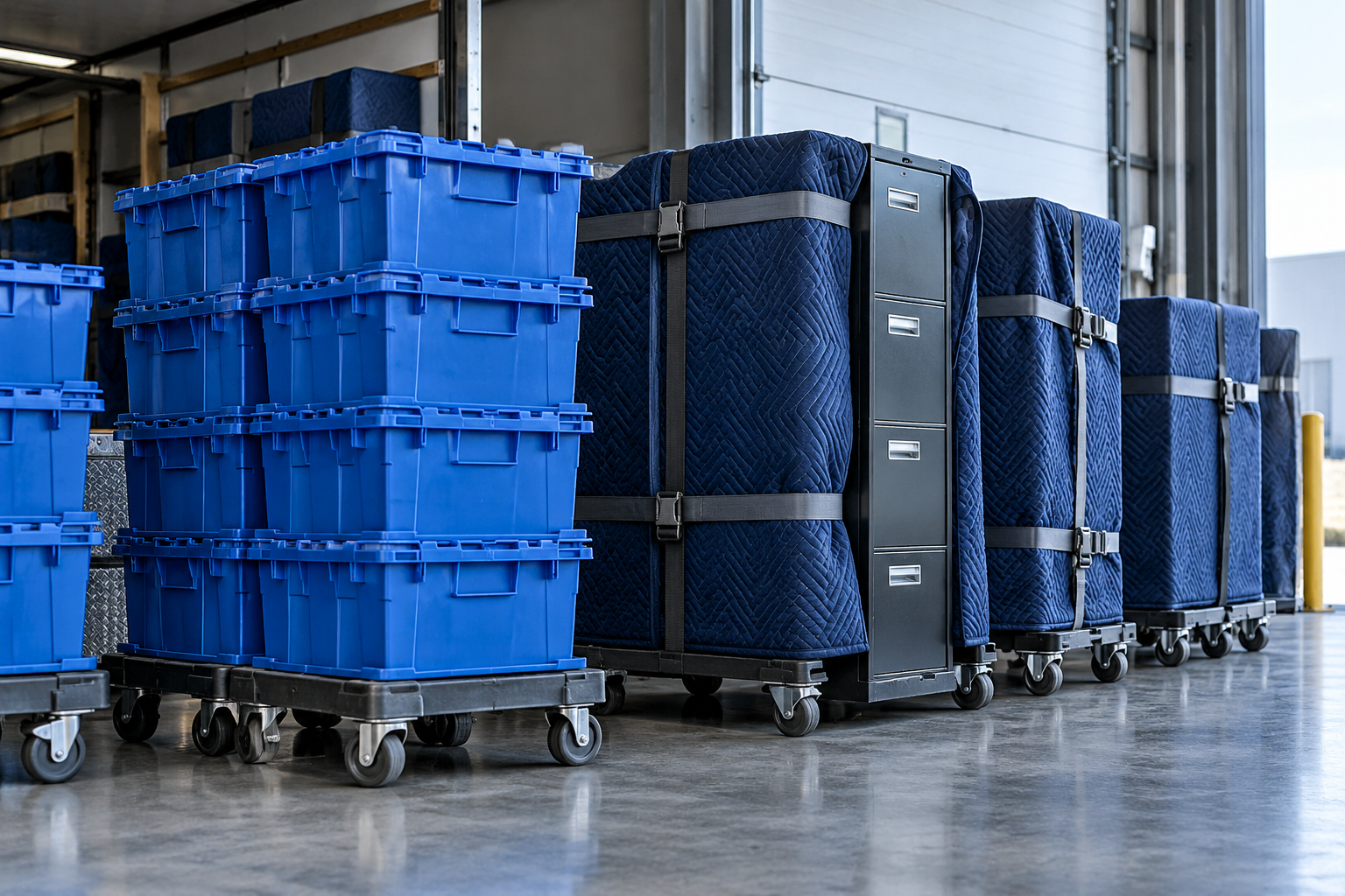 Blue office relocation crates and protected filing cabinets staged in a loading bay