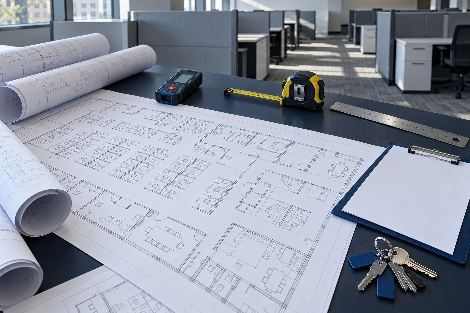 Office floor plans and measuring equipment arranged for relocation planning